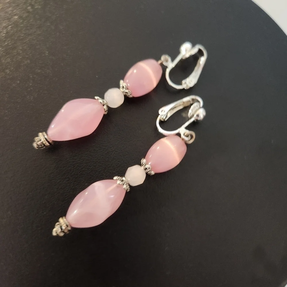 Hand Crafted Clip-on Earrings Pink Dangle Cat's Eye Quartz Beads